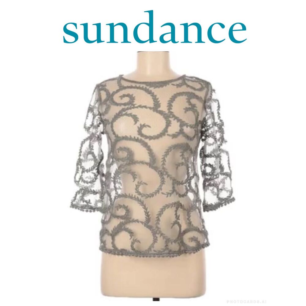 NWOT Sundance Gray Embroidered Sheer 3/4 Sleeve Blouse Top Size SX